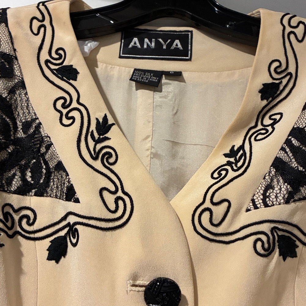 Designer Beige silk & Black Lace throughout Women's Jacket w/bejeweled buttons - Picture 3 of 4